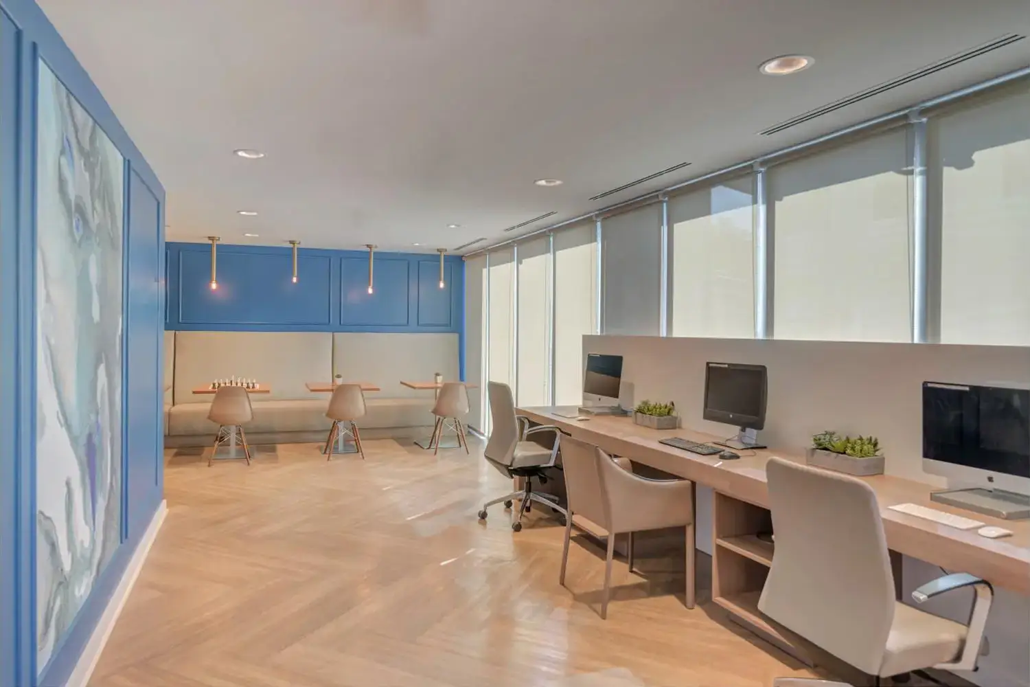Modern office space with a blue accent wall, wooden floor, white desks with computers, gray chairs, and small potted plants.