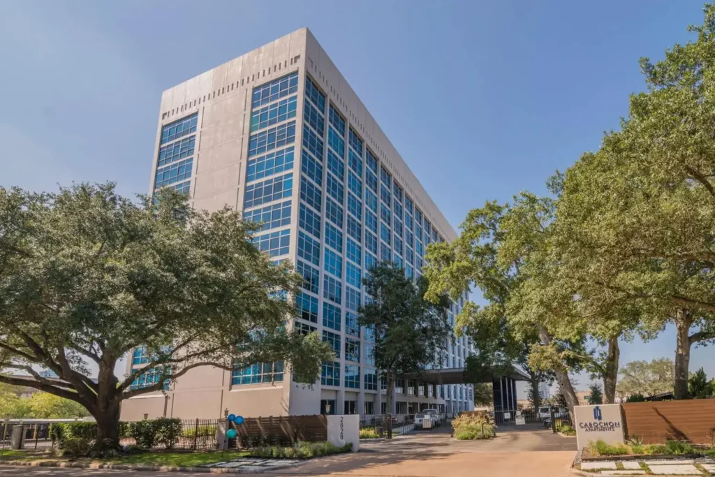 Entrance of Cabochon high-rise apartments near Montrose, Houston