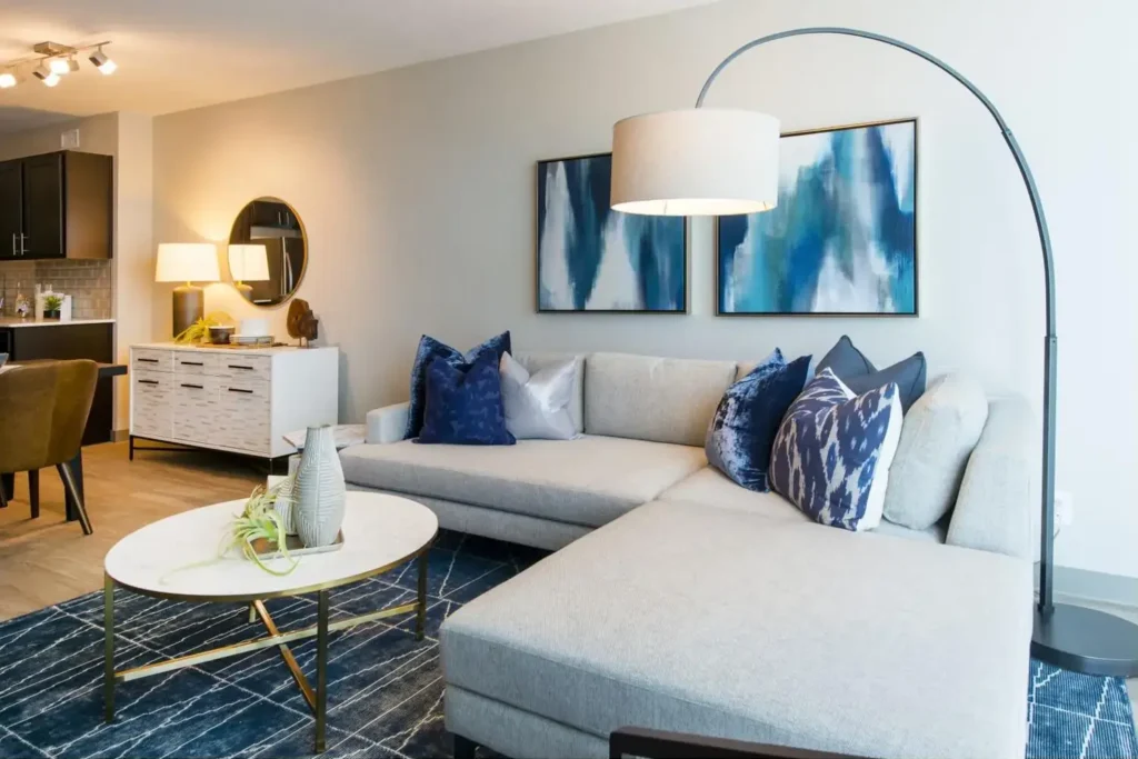 Cozy living room at Cabochon at River Oaks boutique apartments in Houston