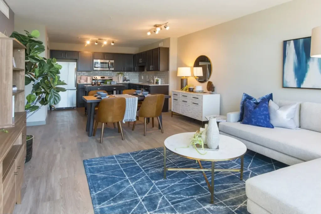 Modern living room with grey sofa, blue area rug, and a kitchen with dark wood cabinets and brown chairs.