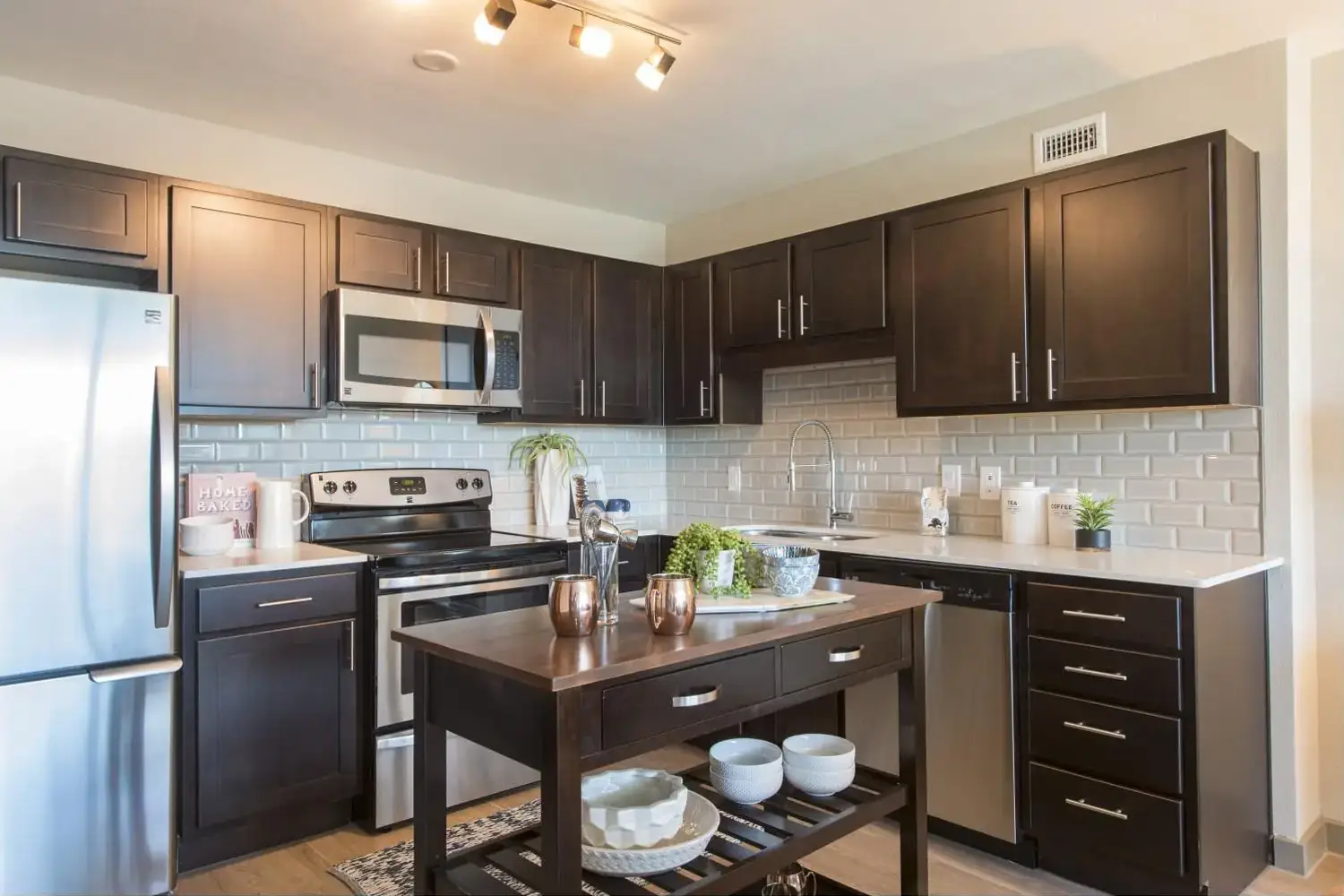 Modern kitchen with dark wood cabinets, stainless steel appliances, and a island with green plants.